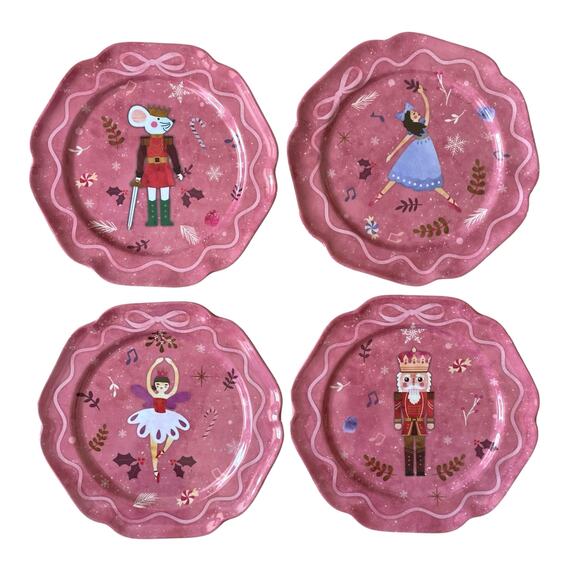 Sugarplum Dreams Christmas Nutcracker 8.5” PINK Melamine Plate Set of 4 NEW - Picture 2 of 14